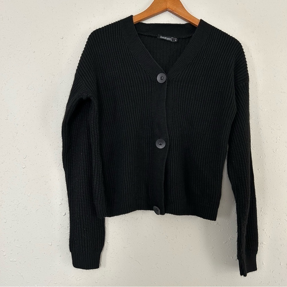 🦋 Boohoo Black Ribbed Cardigan Small Neutral Casual